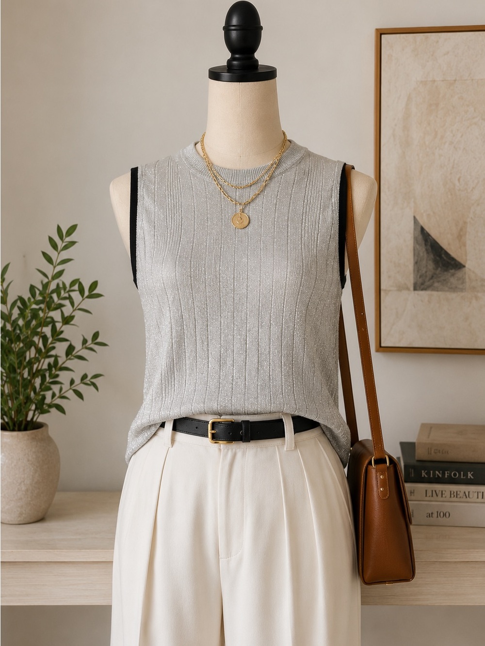Paul Smith Metallic Rib Knit Vest Tank Top Silver Black Trim Size Medium